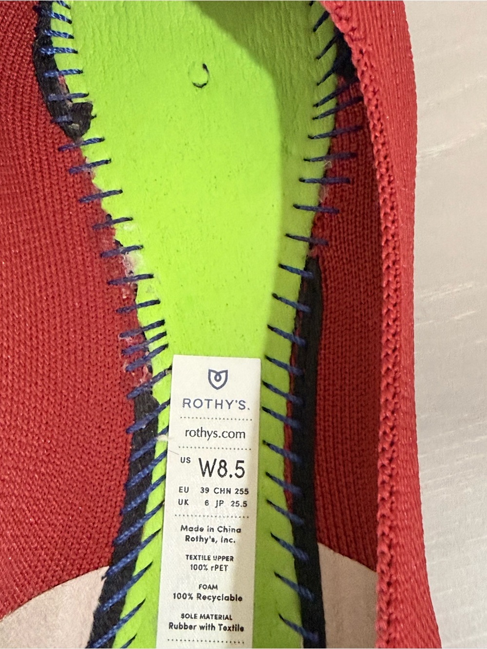 Rothy's Red Pointed-Toe Knit Flats with Blue Trim - Picture 4 of 11